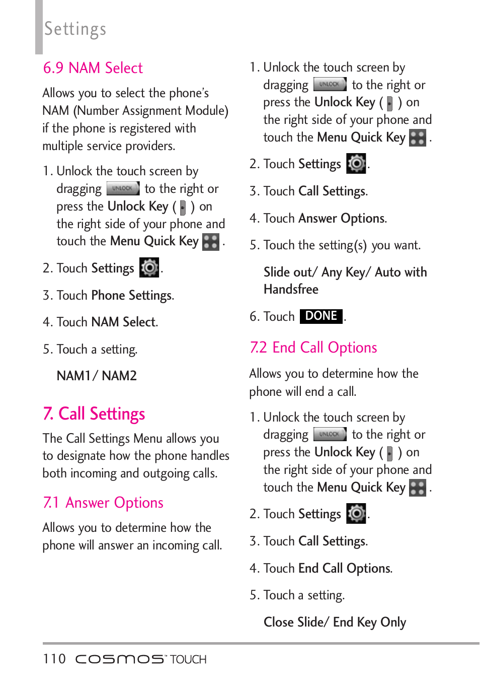 9 nam select, Call settings, 1 answer options | 2 end call options, Settings | LG VN270 User Manual | Page 112 / 159