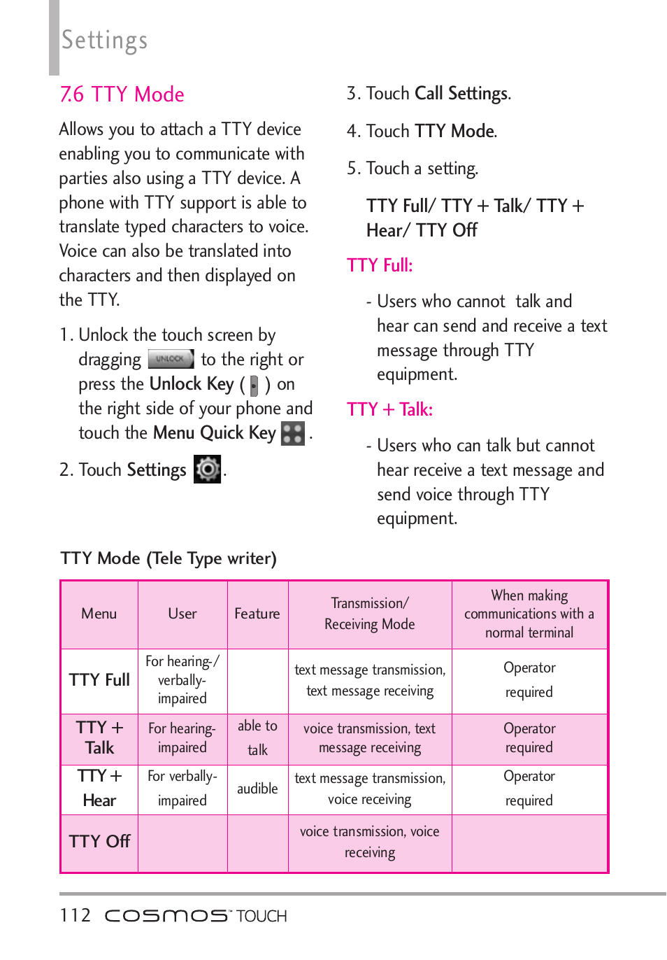 6 tty mode, Settings | LG VN270 User Manual | Page 114 / 159