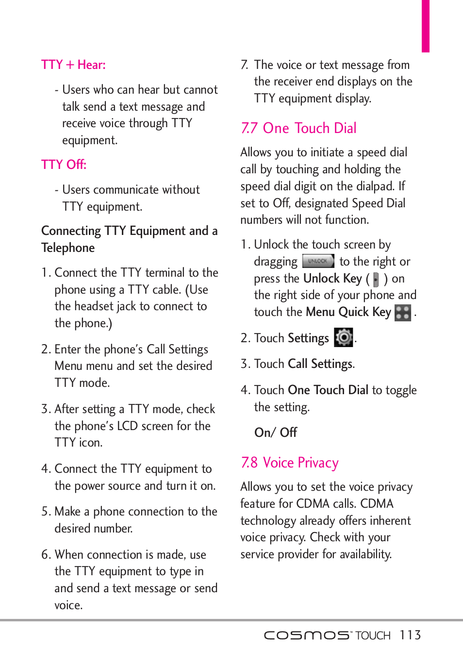 7 one touch dial, 8 voice privacy | LG VN270 User Manual | Page 115 / 159