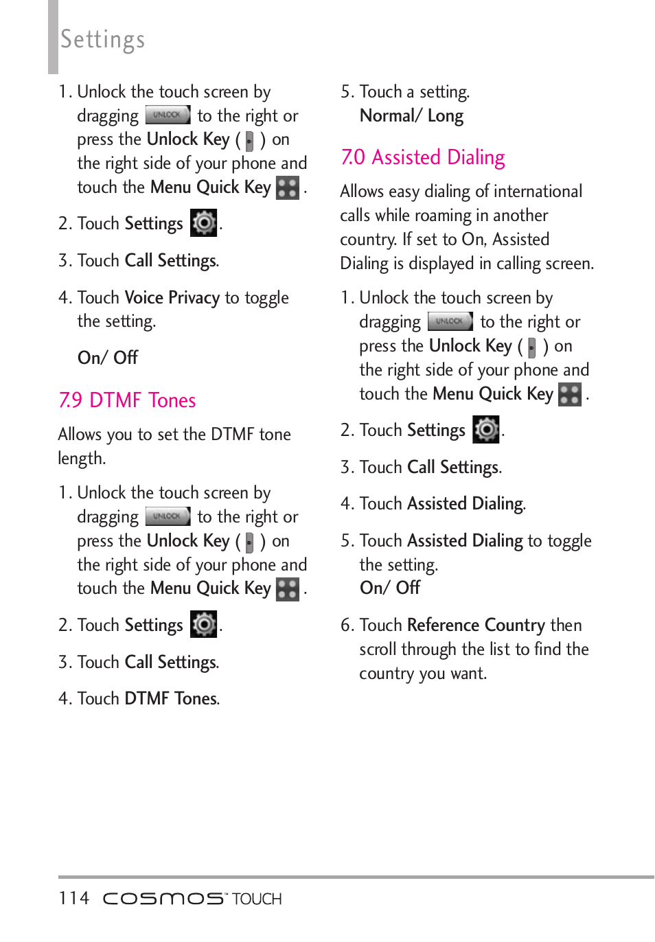 9 dtmf tones, 0 assisted dialing, Settings | LG VN270 User Manual | Page 116 / 159