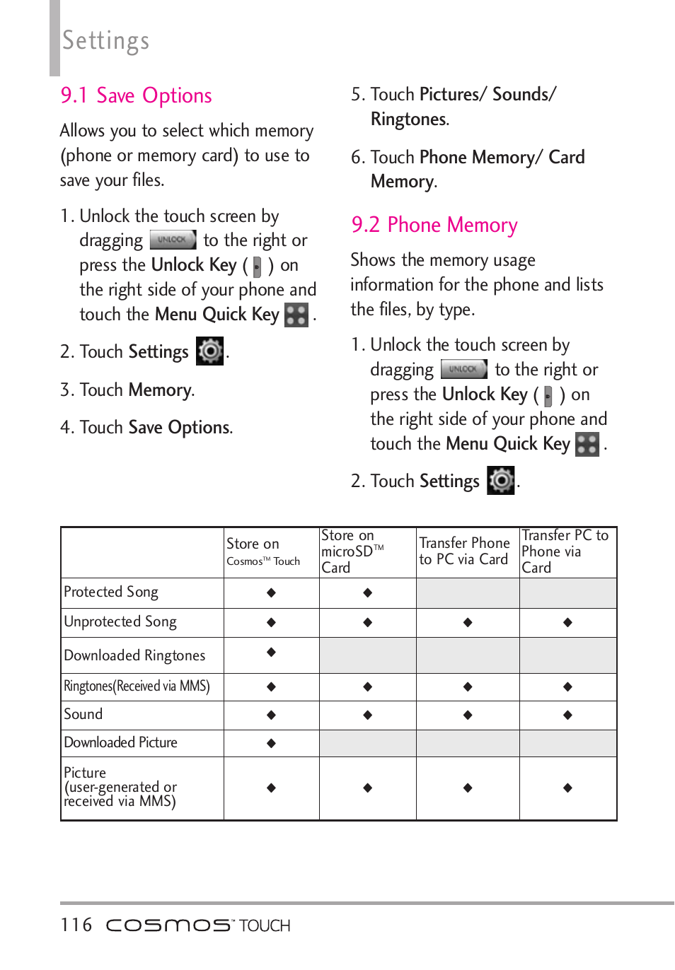 1 save options, 2 phone memory, Unlock key | Menu quick key, Settings, Save options, Pictures/ sounds/ ringtones, On the right side of your phone and touch the, Touch | LG VN270 User Manual | Page 118 / 159