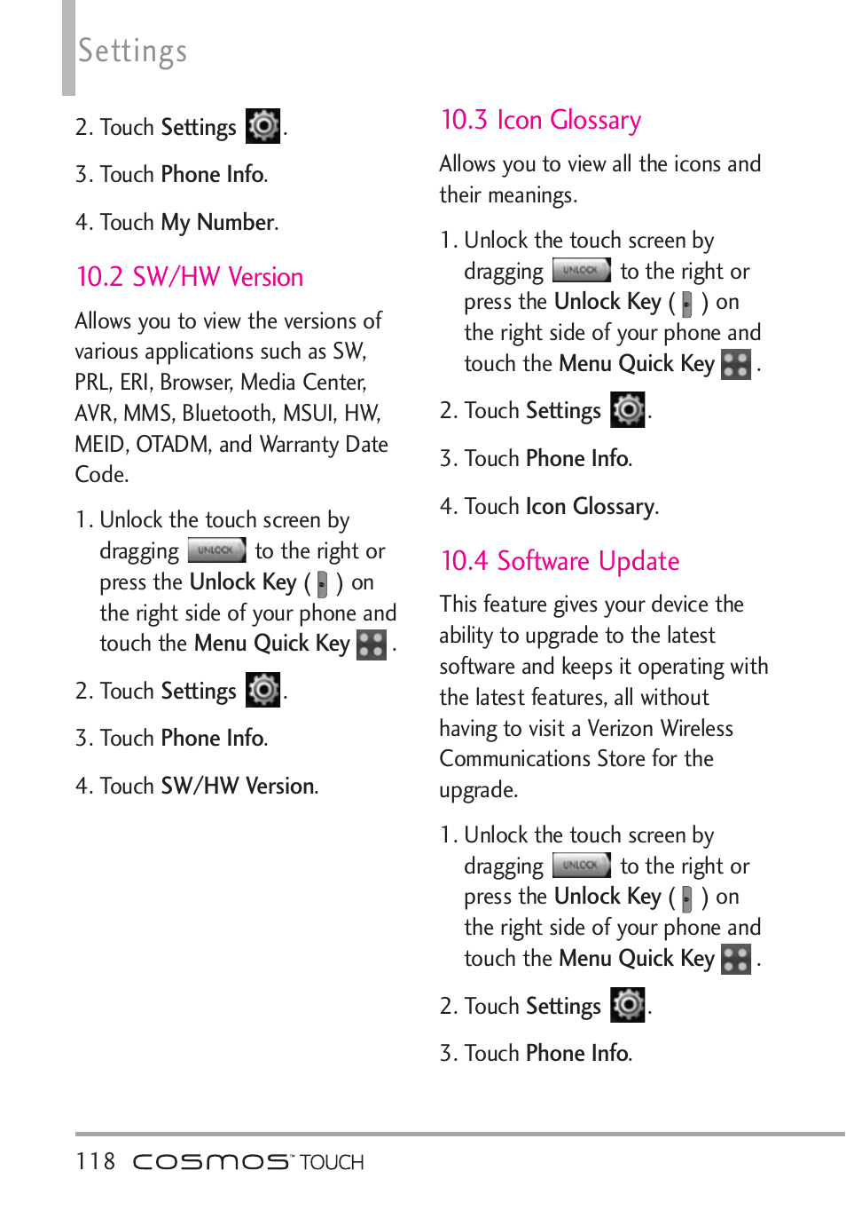 2 sw/hw version, 3 icon glossary, 4 software update | Settings | LG VN270 User Manual | Page 120 / 159