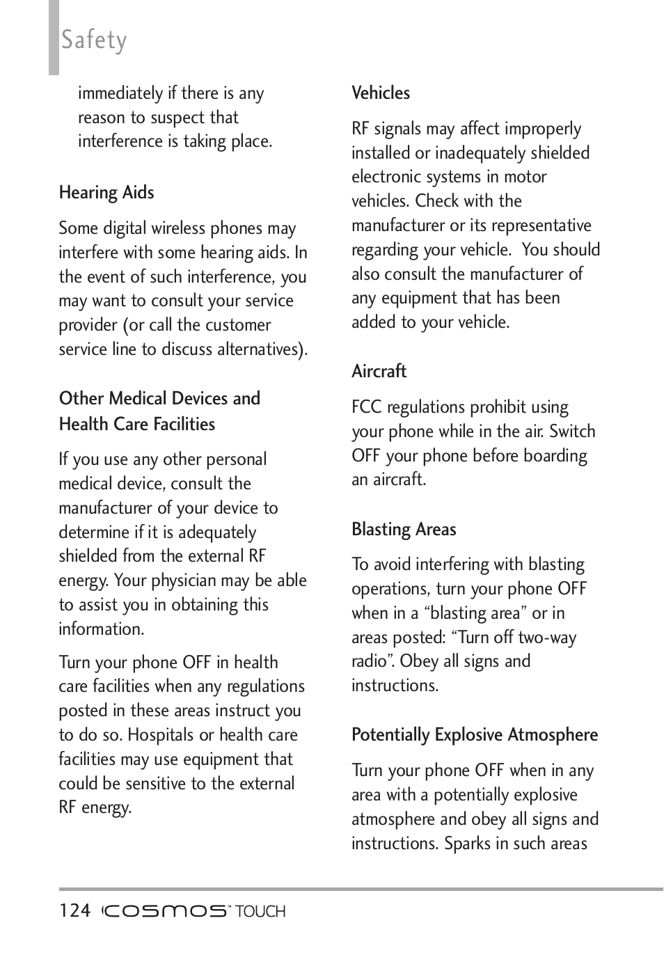 Hearing aids, Other medical devices and he, Vehicles | Aircraft, Blasting areas, Potentially explosive atmosp, Hearing aids other medical devices and health, Safety | LG VN270 User Manual | Page 126 / 159