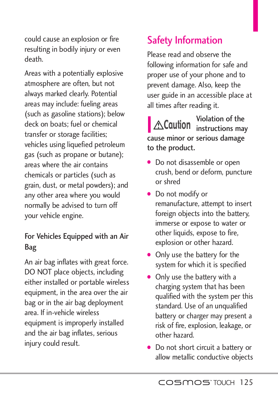 For vehicles equipped with a, Safety information, For vehicles equipped with an air | Caution | LG VN270 User Manual | Page 127 / 159