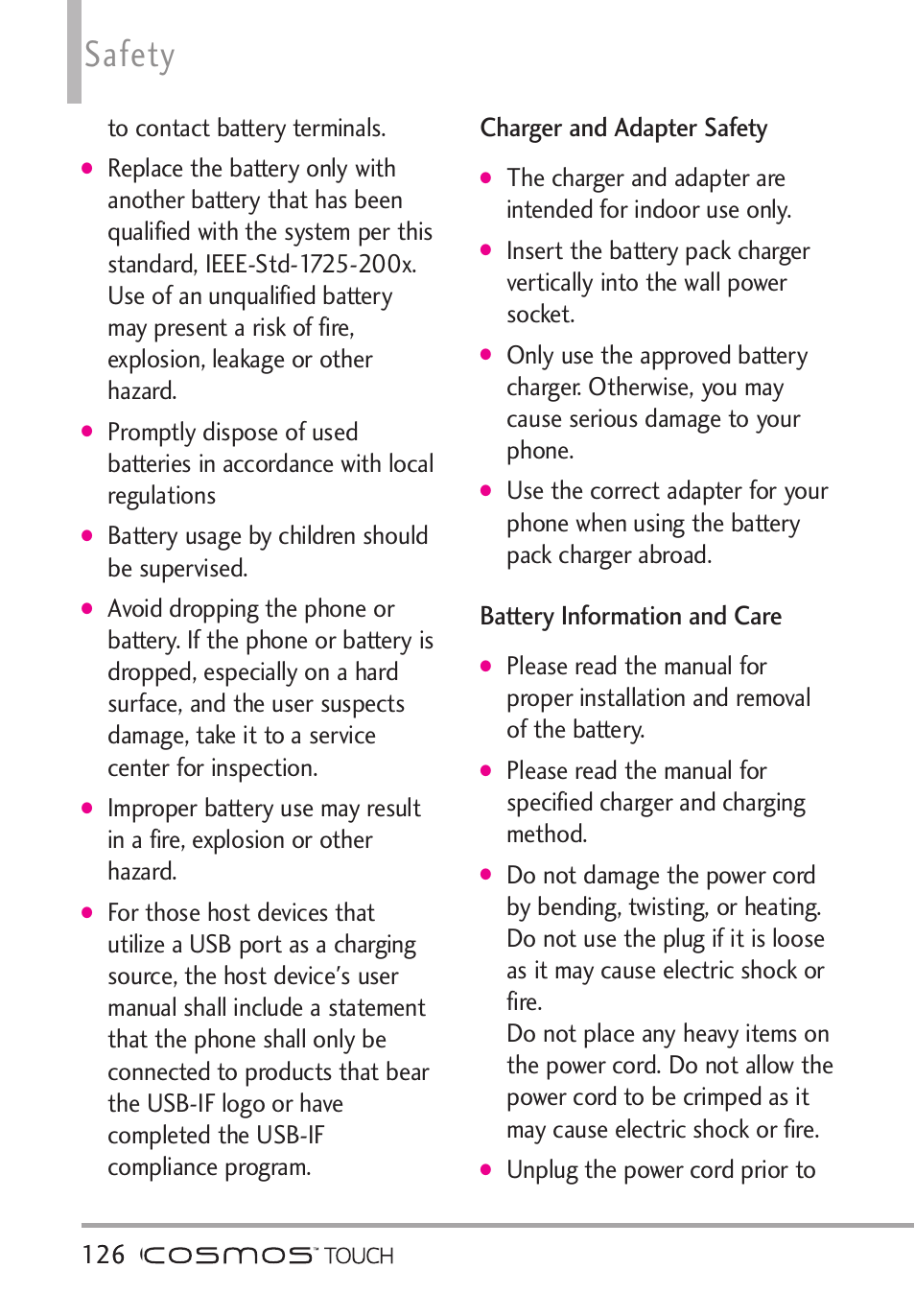 Charger and adapter safety, Battery information and care, Safety | Cosmos, Battery usage by children should be supervised, Unplug the power cord prior to 126 | LG VN270 User Manual | Page 128 / 159