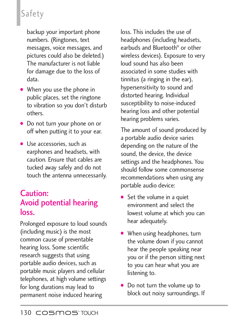 Caution: avoid potential hea, Caution: avoid potential hearing loss, Safety | LG VN270 User Manual | Page 132 / 159