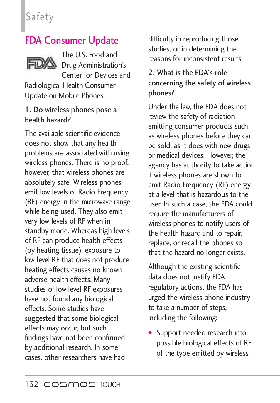 Fda consumer update, Safety | LG VN270 User Manual | Page 134 / 159