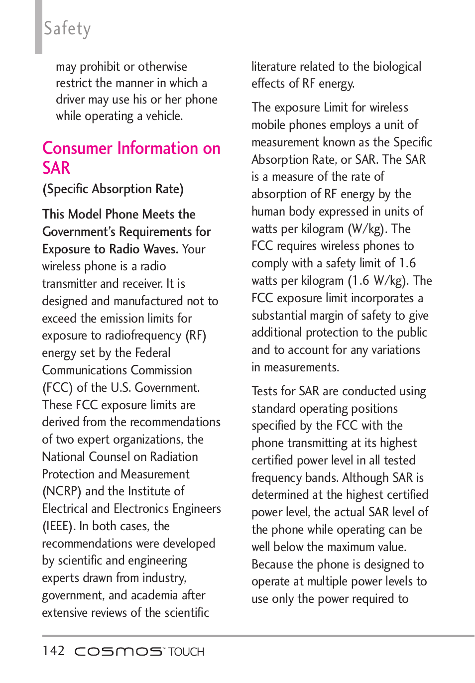 Consumer information on sar, Consumer information on sar 142, Safety | LG VN270 User Manual | Page 144 / 159