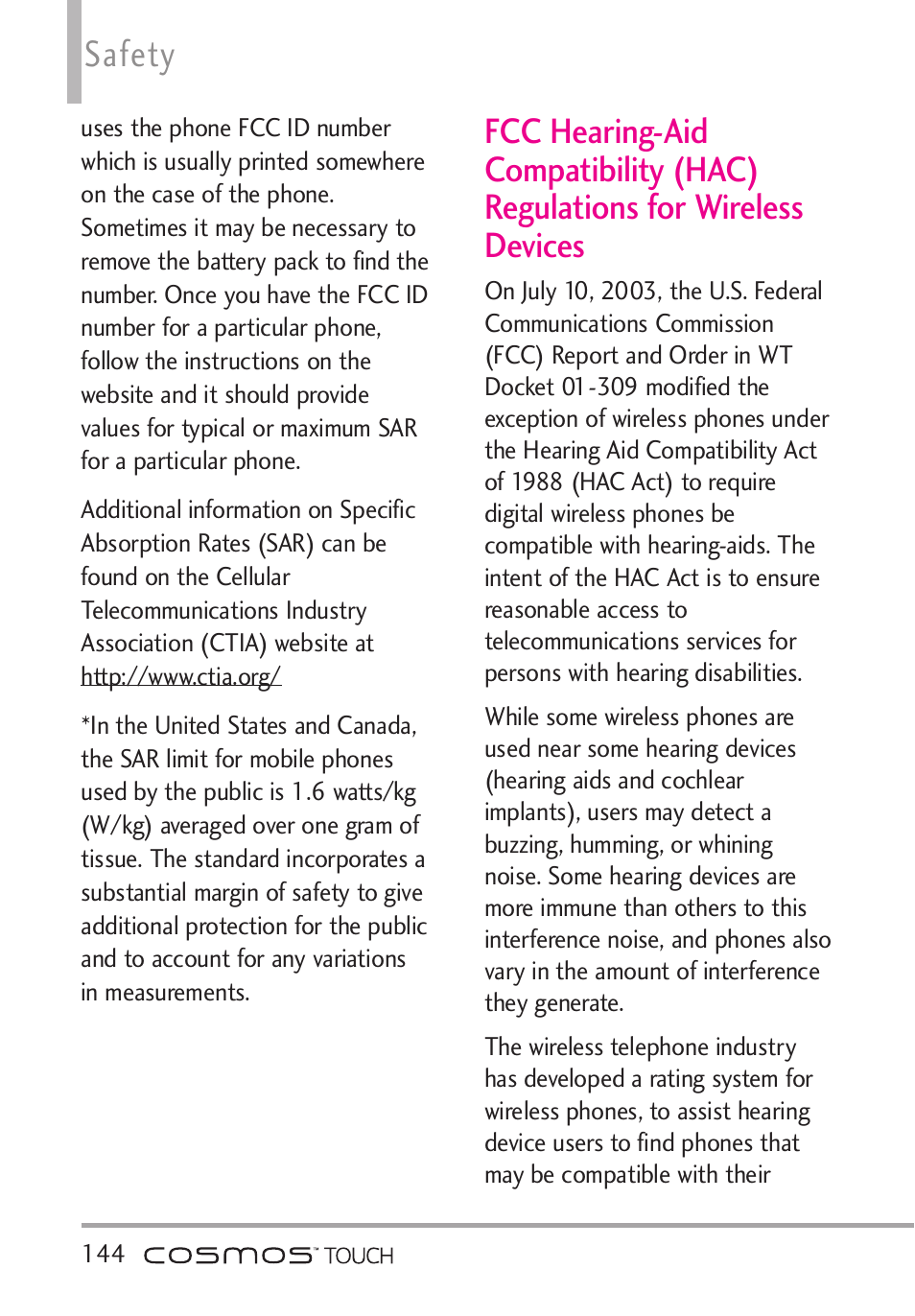 Fcc hearing-aid compatibilit, Safety | LG VN270 User Manual | Page 146 / 159