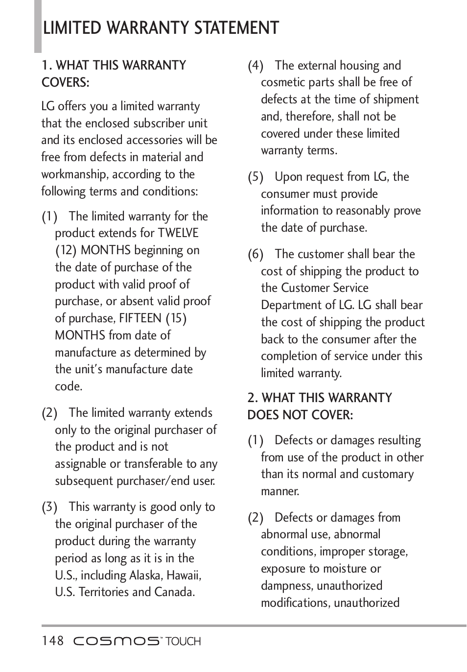 Limited warranty statement | LG VN270 User Manual | Page 150 / 159