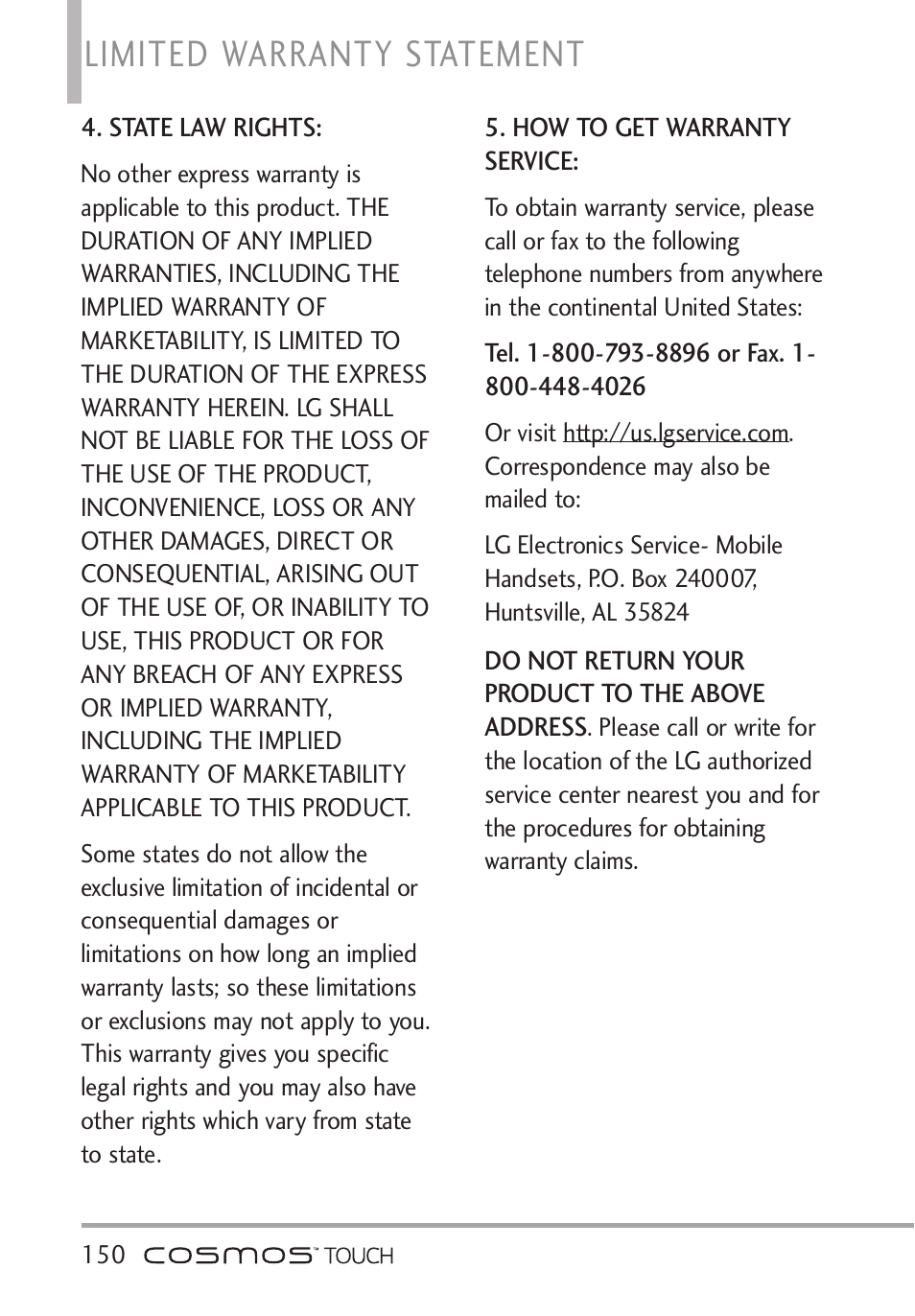 Limited warranty statement | LG VN270 User Manual | Page 152 / 159