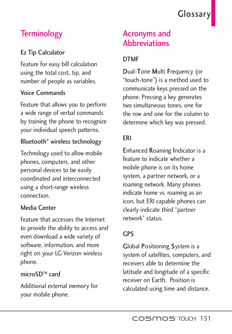 Glossary, Terminology, Acronyms and abbreviations | Terminology acronyms and abbreviations .151 | LG VN270 User Manual | Page 153 / 159