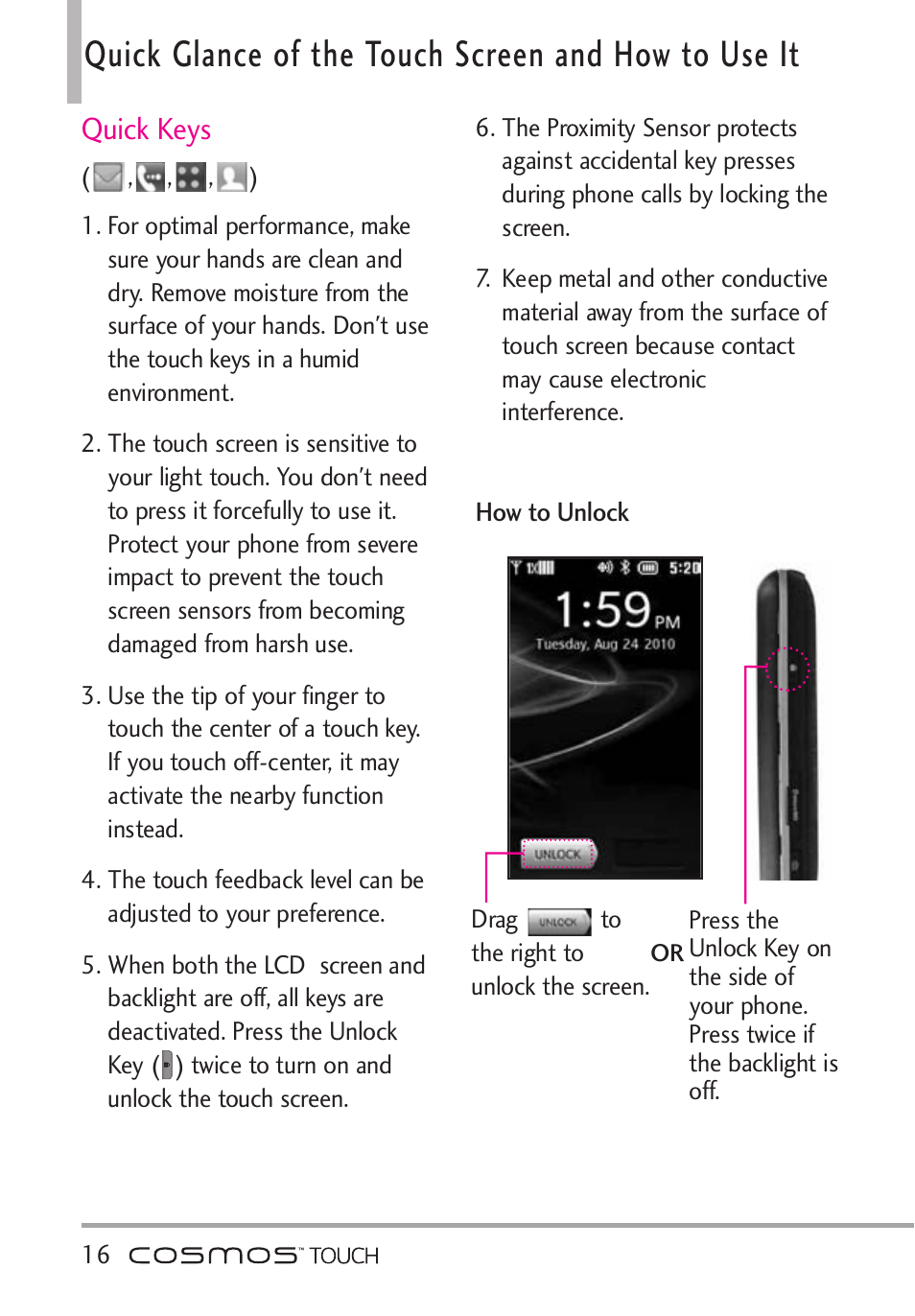 Quick glance of the touch sc, Quick glance of the touch screen and how to use it, Quick keys | LG VN270 User Manual | Page 18 / 159