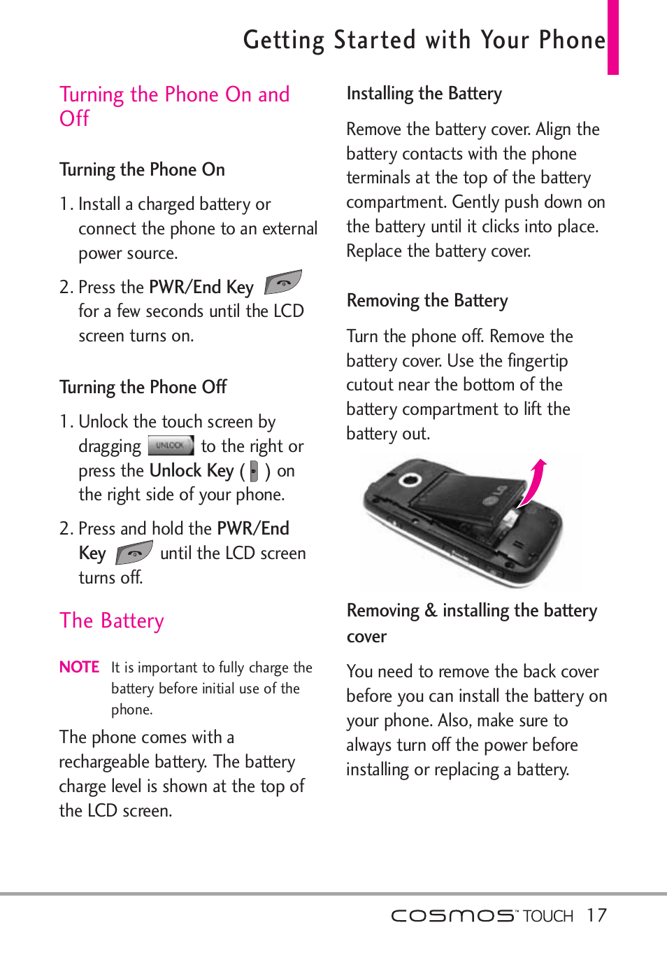 Getting started with your phone, Turning the phone on and off, Turning the phone on | Turning the phone off, The battery, Installing the battery, Removing the battery, Removing & installing the ba, Turning the phone on turning the phone off, Cover | LG VN270 User Manual | Page 19 / 159