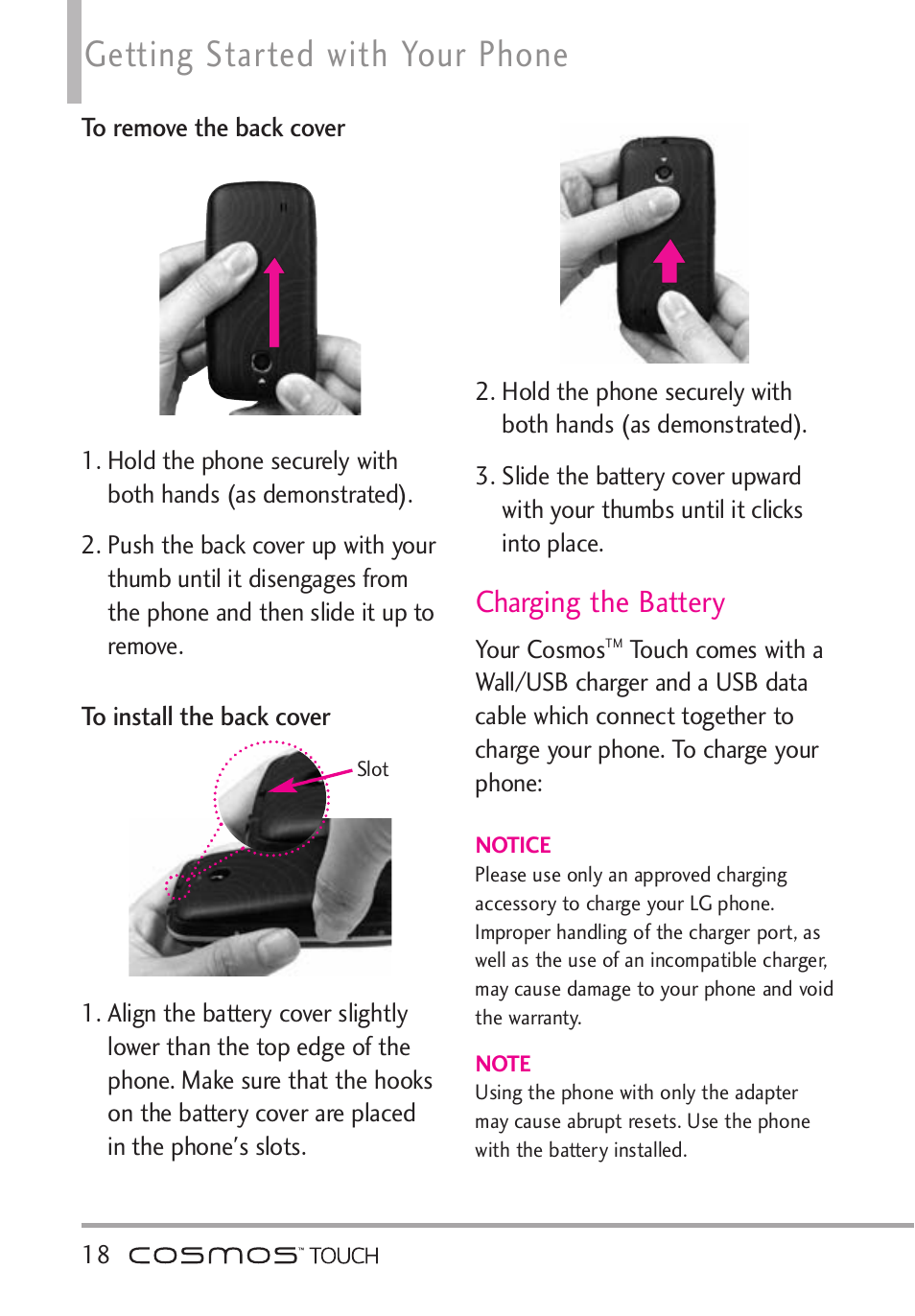 To remove the back cover, To install the back cover, Charging the battery | To remove the back cover to install the back cover, Getting started with your phone | LG VN270 User Manual | Page 20 / 159