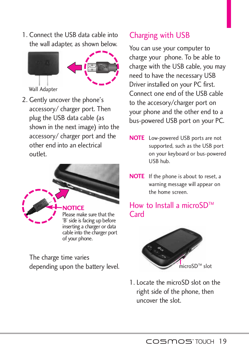 Charging with usb, How to install a microsdtm card, How to install a microsd | Card | LG VN270 User Manual | Page 21 / 159