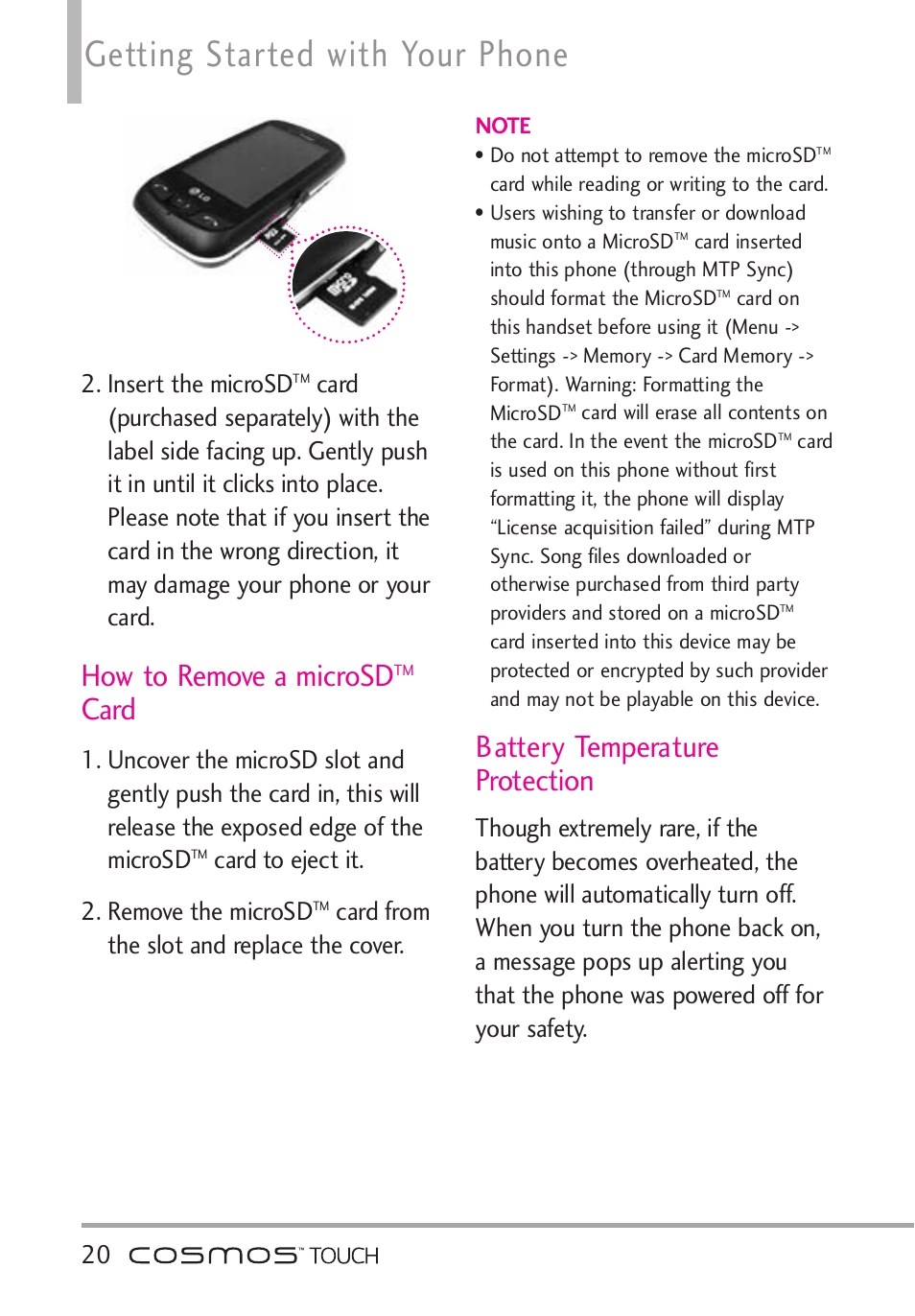 How to remove a microsdtm card, Battery temperature protection, How to remove a microsd | Card, Getting started with your phone, Insert the microsd, Card to eject it. 2. remove the microsd, Card from the slot and replace the cover | LG VN270 User Manual | Page 22 / 159