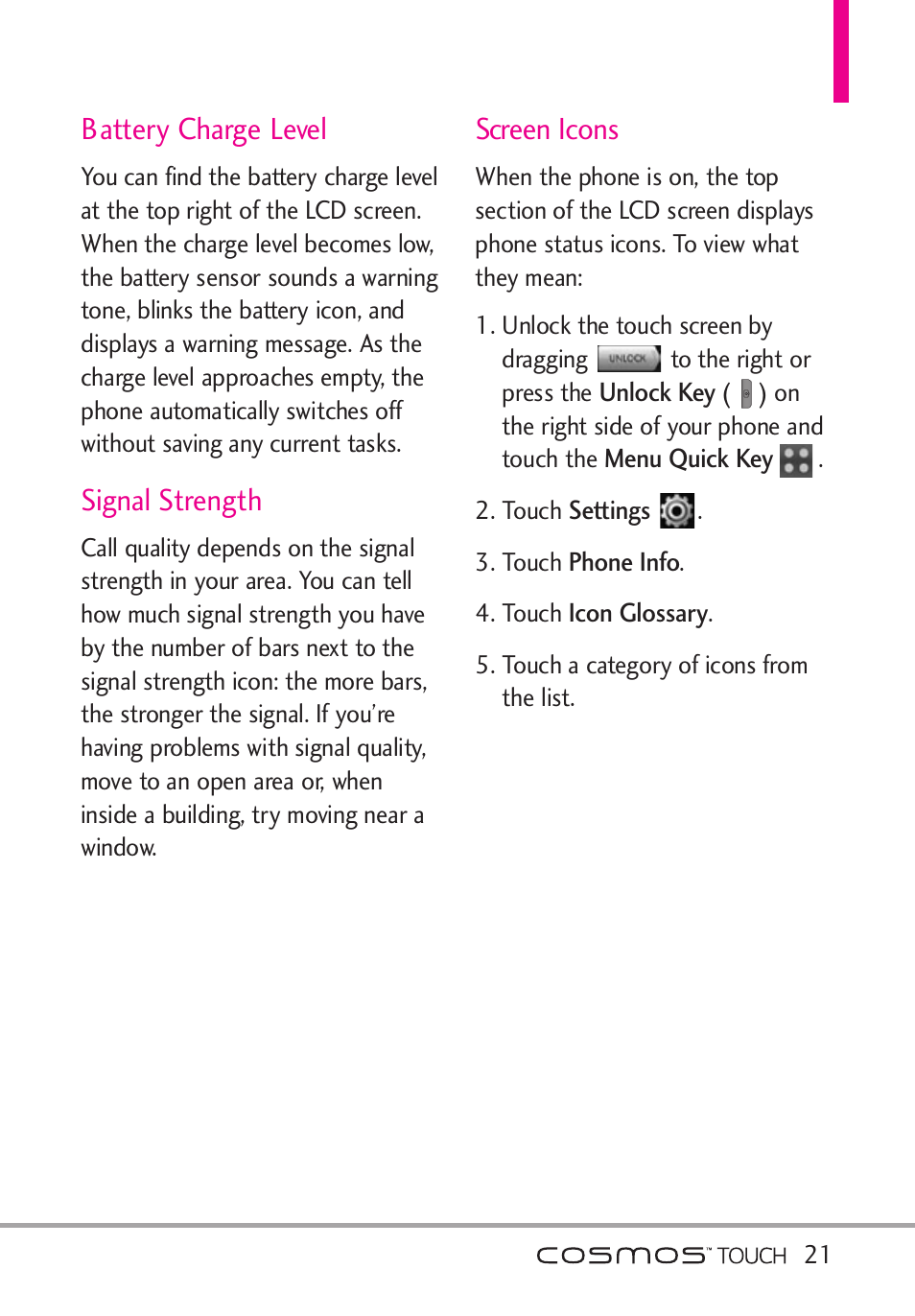 Battery charge level, Signal strength, Screen icons | LG VN270 User Manual | Page 23 / 159