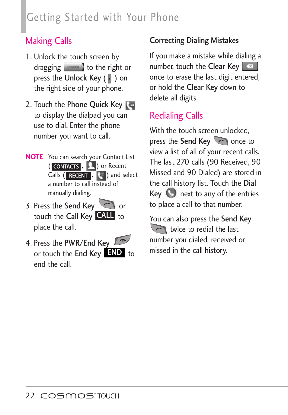 Making calls, Correcting dialing mistakes, Redialing calls | Getting started with your phone | LG VN270 User Manual | Page 24 / 159