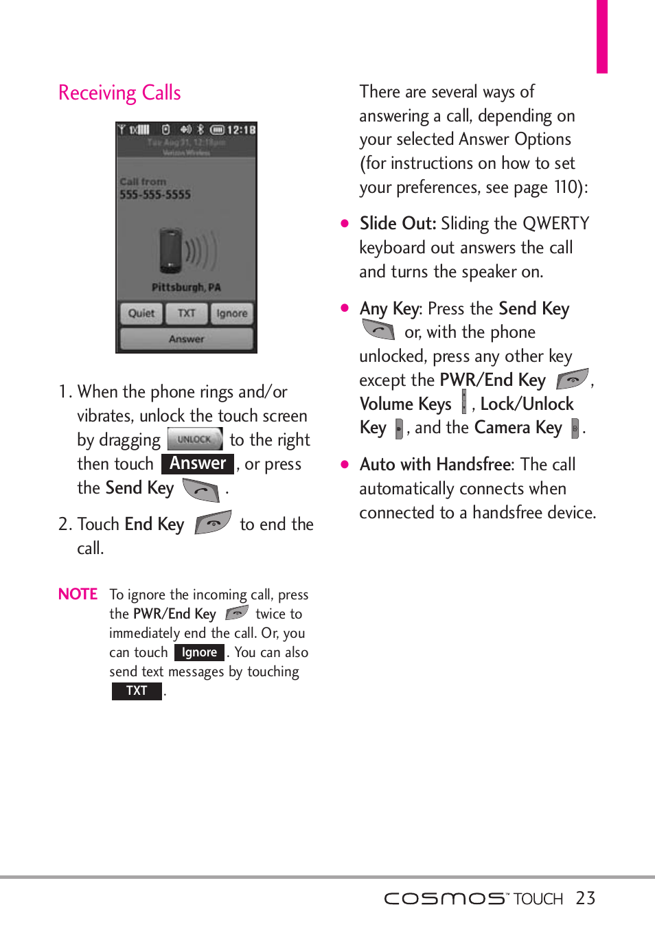 Receiving calls | LG VN270 User Manual | Page 25 / 159