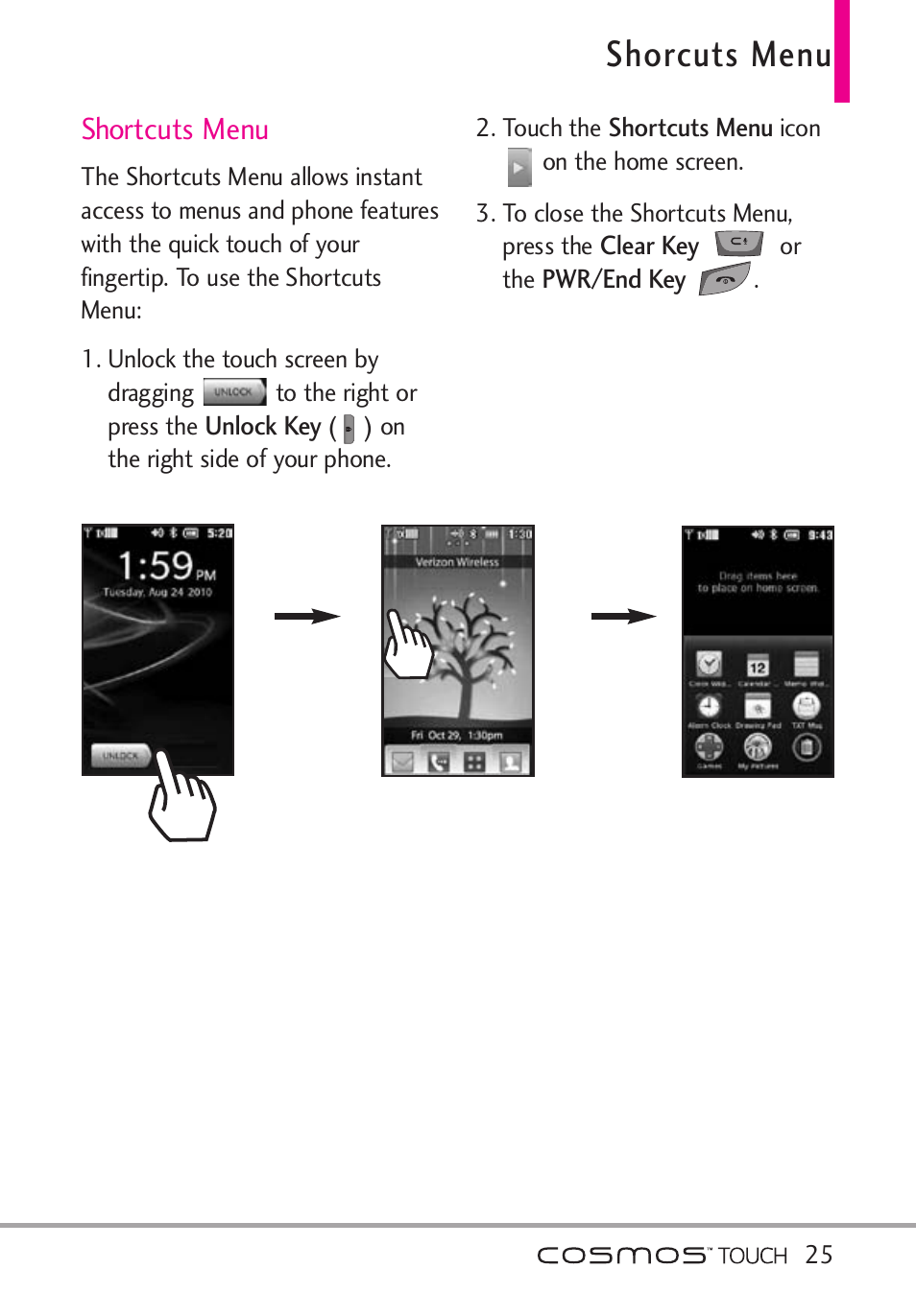 Shorcuts menu, Shortcuts menu | LG VN270 User Manual | Page 27 / 159