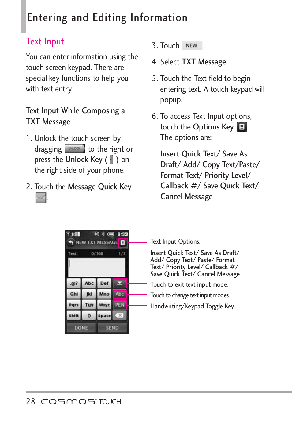 Entering and editing informa, Entering and editing information, Text input | LG VN270 User Manual | Page 30 / 159