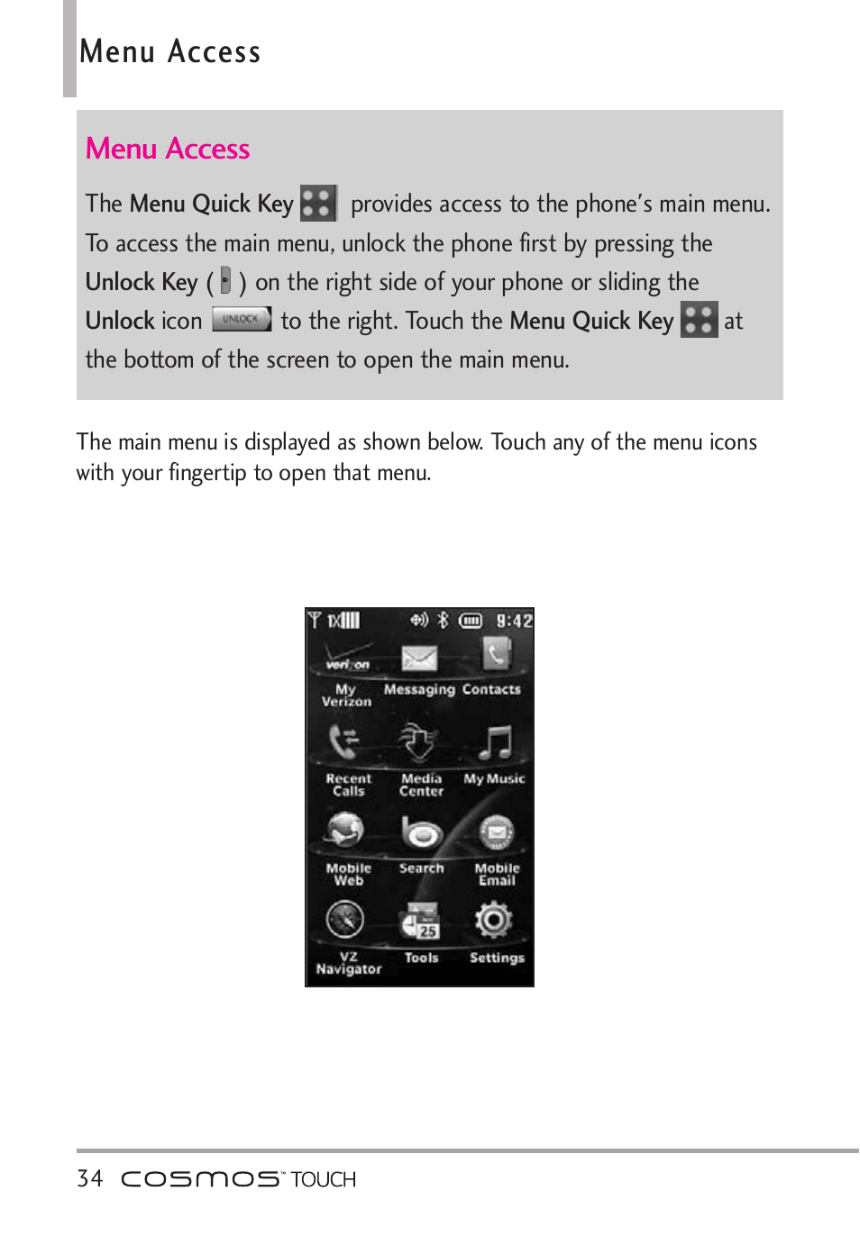 Menu access | LG VN270 User Manual | Page 36 / 159