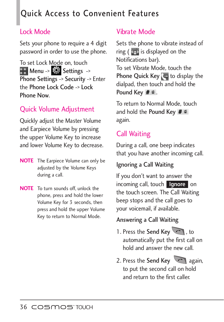 Quick access to convenient f, Lock mode, Quick volume adjustment | Vibrate mode, Call waiting, Quick access to convenient features | LG VN270 User Manual | Page 38 / 159