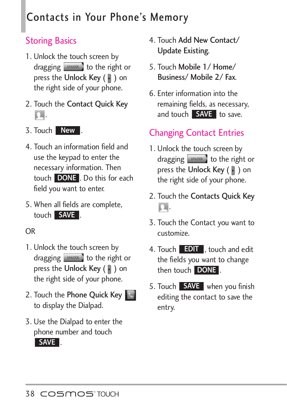 Contacts in your phone’s memory, Storing basics, Changing contact entries | LG VN270 User Manual | Page 40 / 159