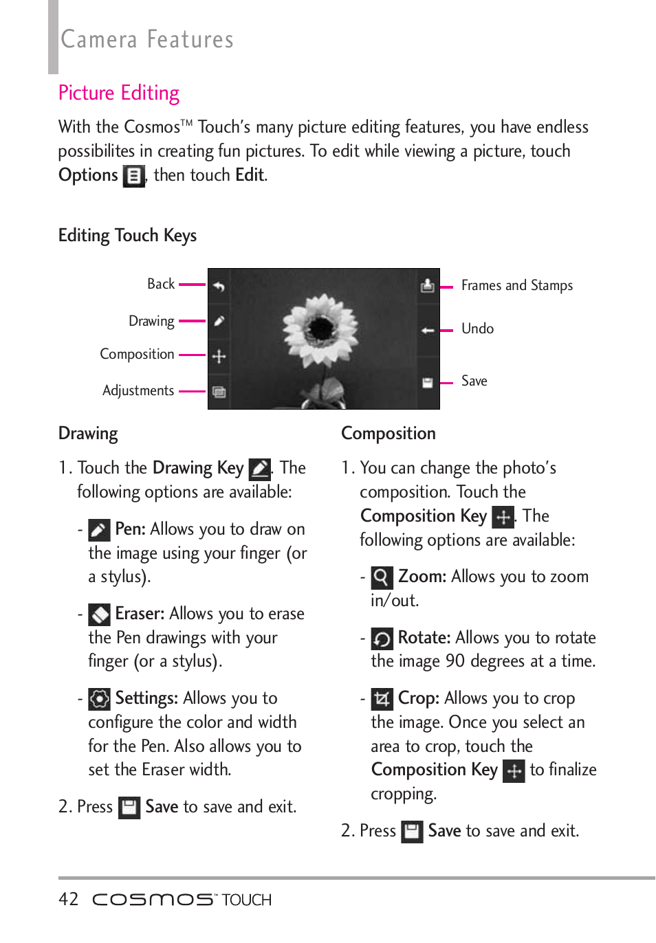 Picture editing, Camera features | LG VN270 User Manual | Page 44 / 159