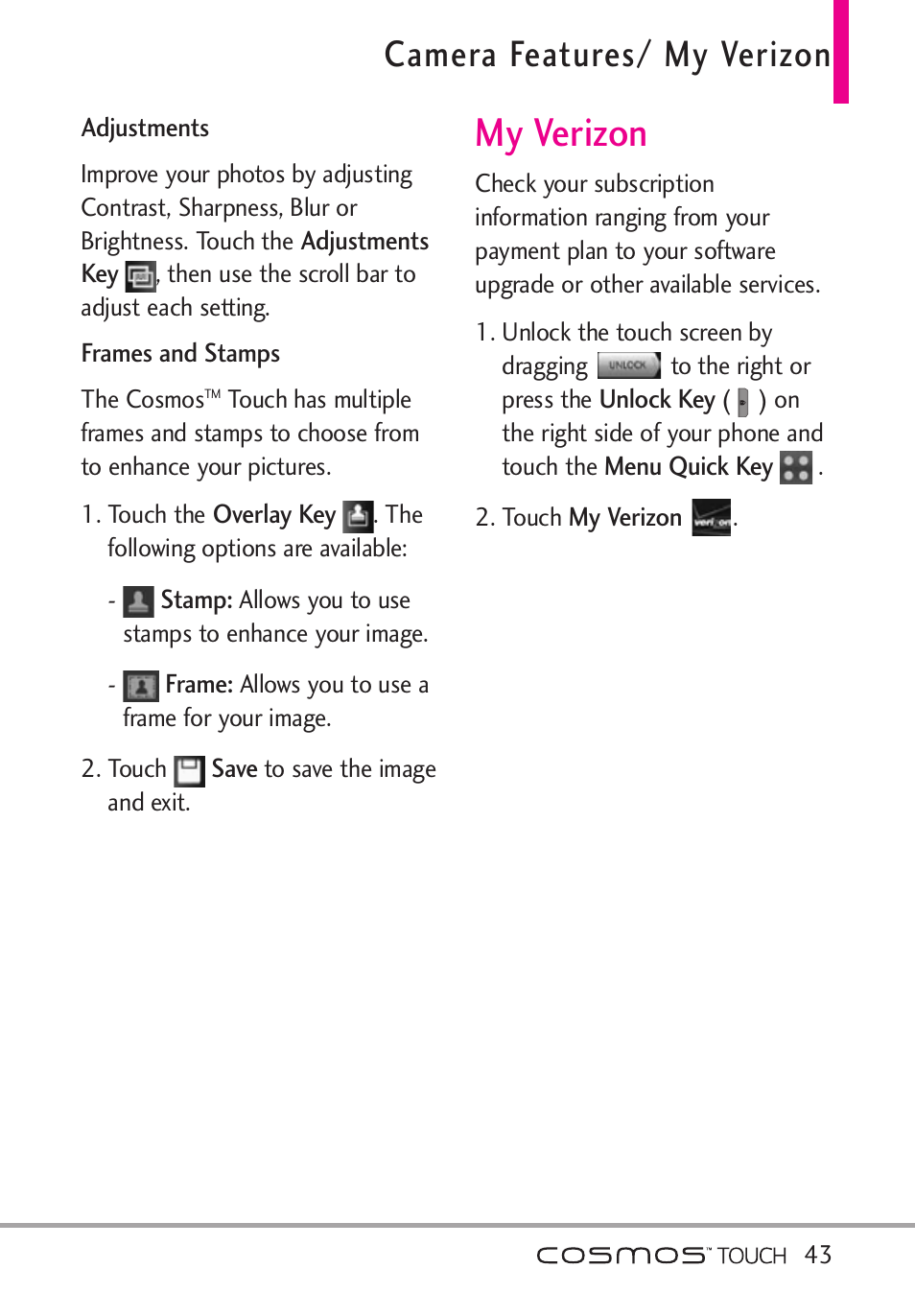 My verizon, Camera features/ my verizon | LG VN270 User Manual | Page 45 / 159