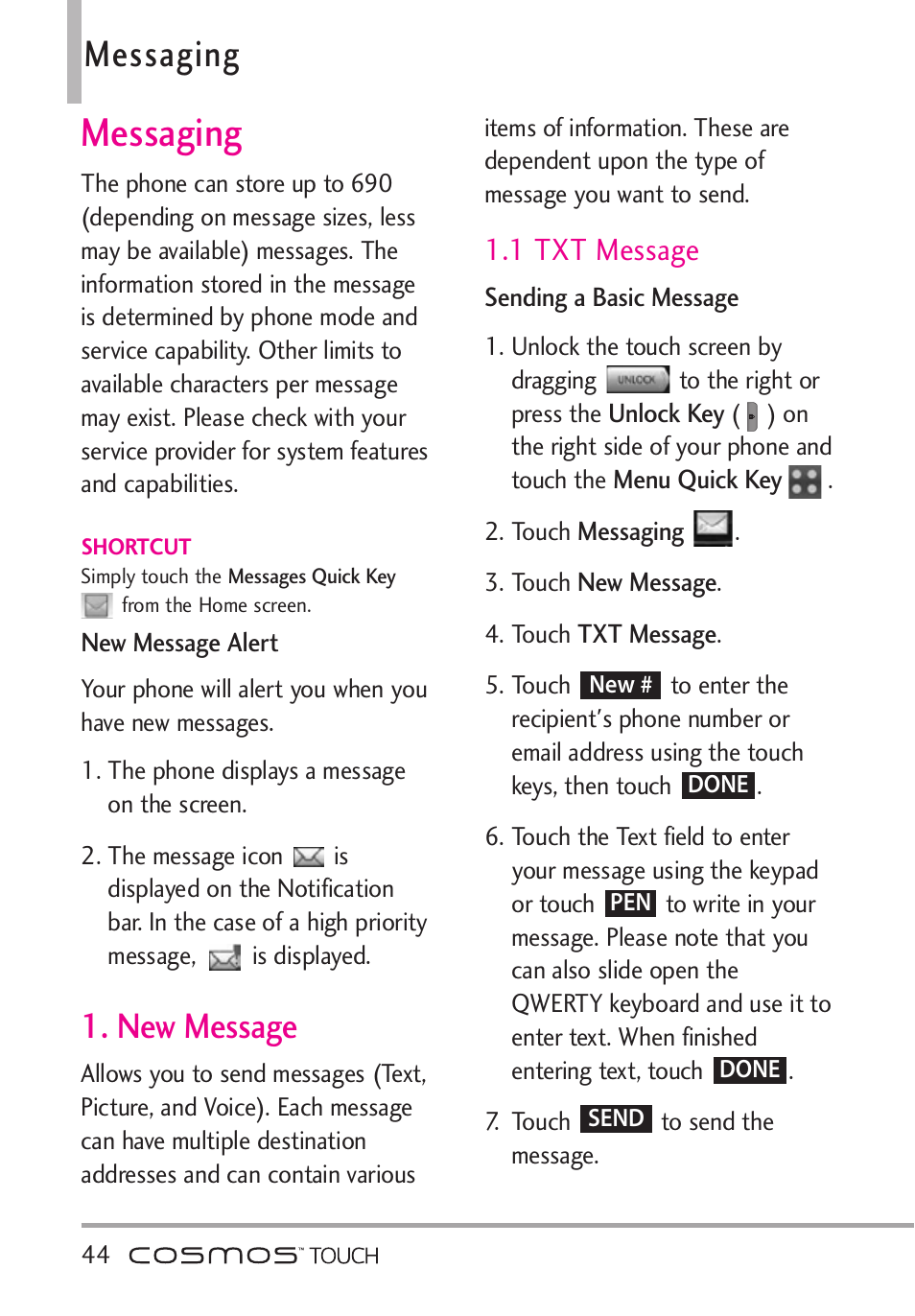 Messaging, New message, 1 txt message | LG VN270 User Manual | Page 46 / 159