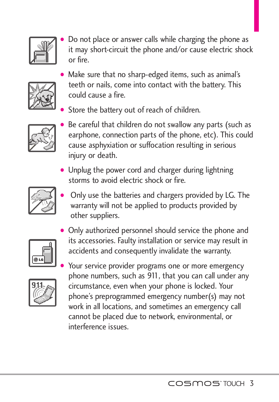 Store the battery out of reach of children | LG VN270 User Manual | Page 5 / 159