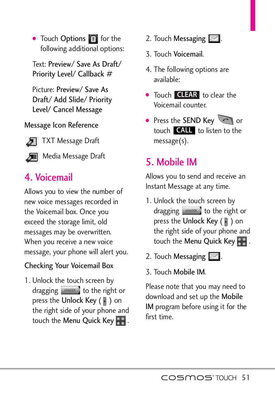 Voicemail, Mobile im, Voicemail 5. mobile im | LG VN270 User Manual | Page 53 / 159