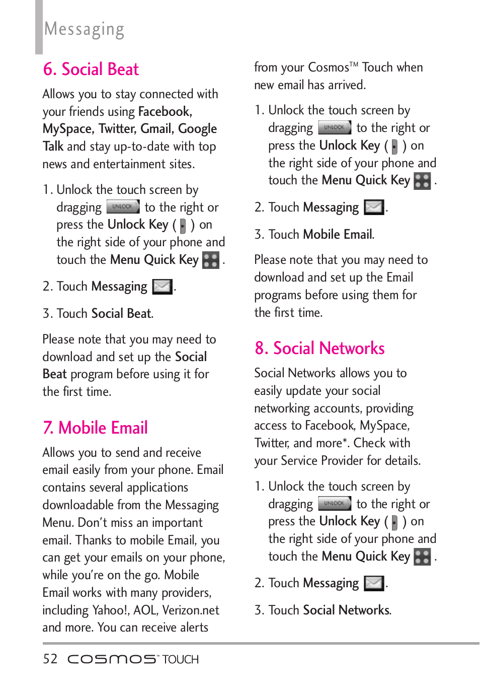 Social beat, Mobile email, Social networks | Social beat 7. mobile email 8. social networks, Messaging | LG VN270 User Manual | Page 54 / 159