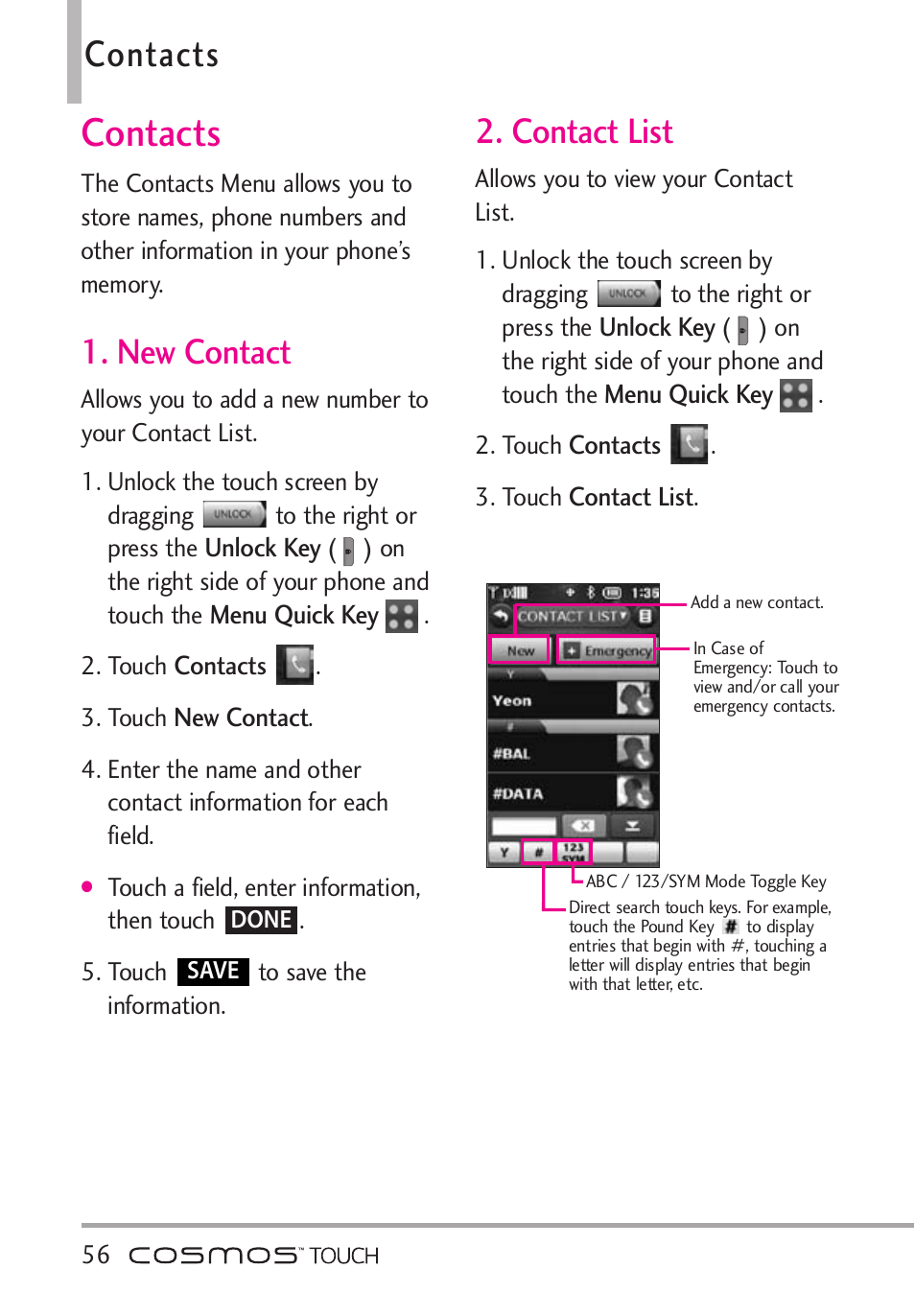 Contacts, New contact, Contact list | New contact 2. contact list | LG VN270 User Manual | Page 58 / 159