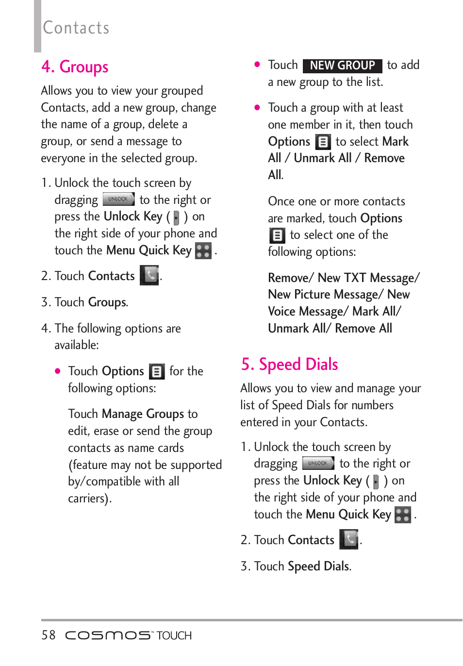 Groups, Speed dials, Groups 5. speed dials | Contacts | LG VN270 User Manual | Page 60 / 159