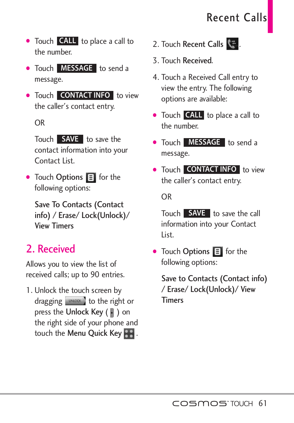 Received, Recent calls | LG VN270 User Manual | Page 63 / 159