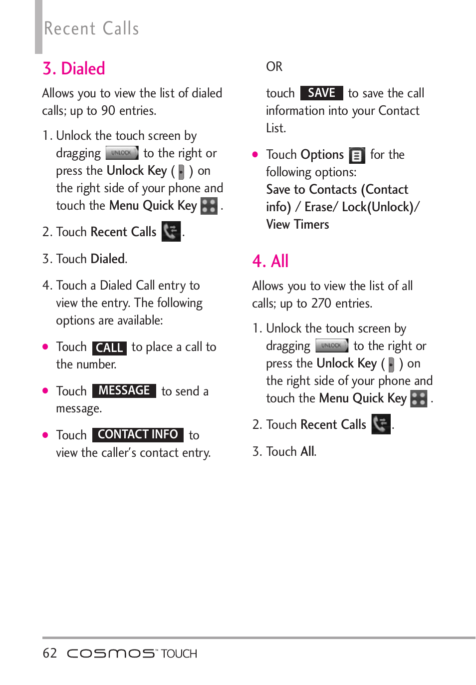 Dialed, Dialed 4. all, Recent calls | LG VN270 User Manual | Page 64 / 159