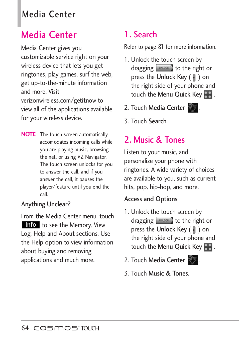 Media center, Search, Music & tones | Search 2. music & tones | LG VN270 User Manual | Page 66 / 159