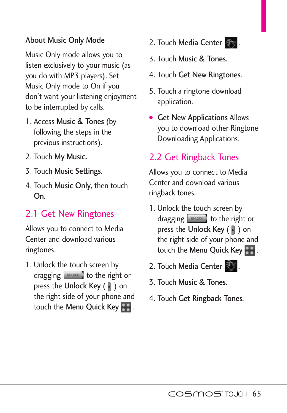 1 get new ringtones, 2 get ringback tones | LG VN270 User Manual | Page 67 / 159