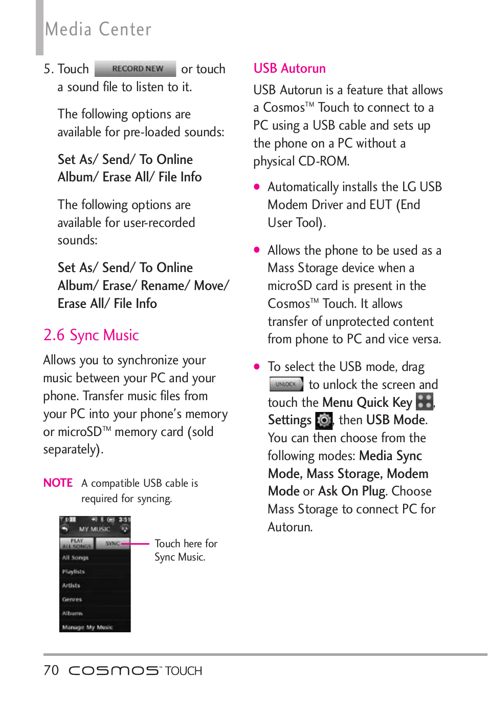 6 sync music, Media center | LG VN270 User Manual | Page 72 / 159