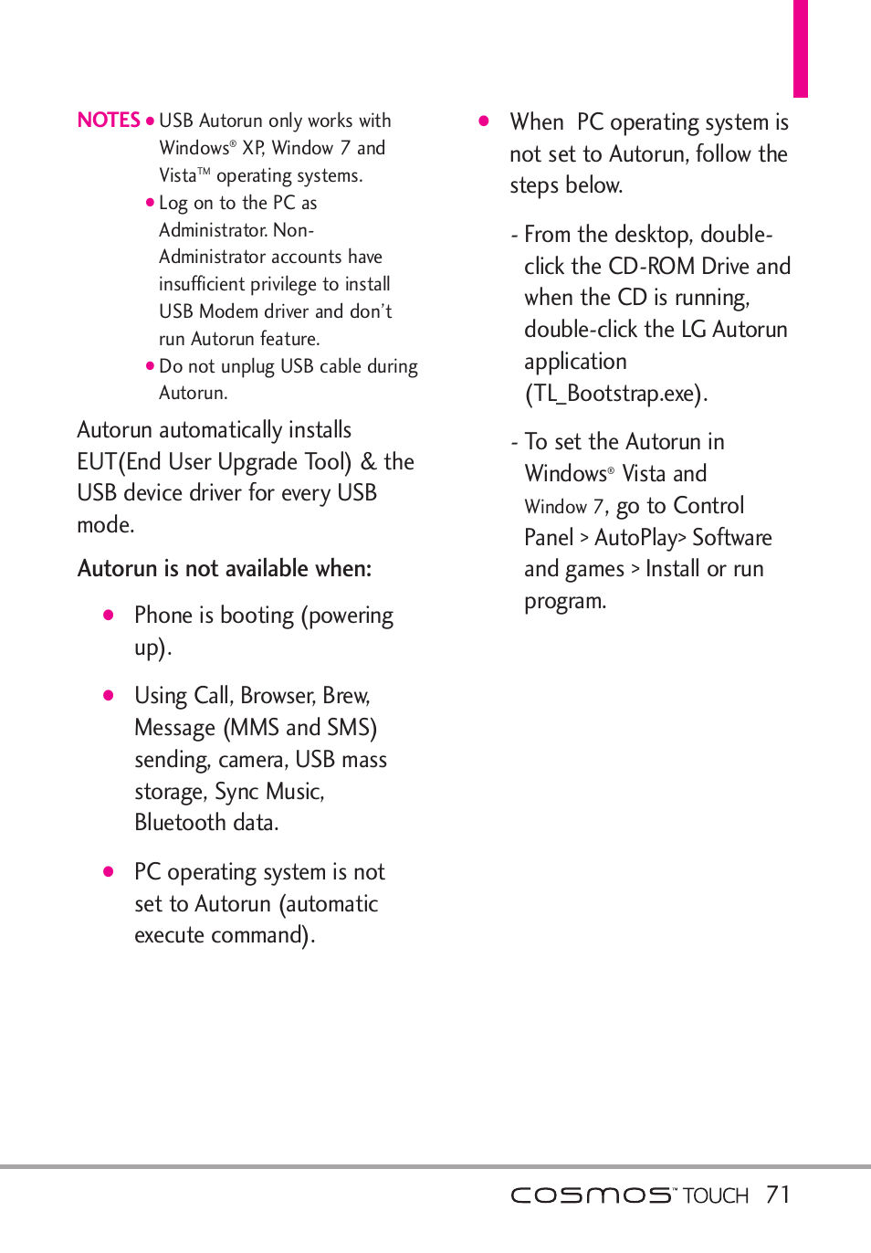 Autorun is not available when, Phone is booting (powering up), Vista and | LG VN270 User Manual | Page 73 / 159