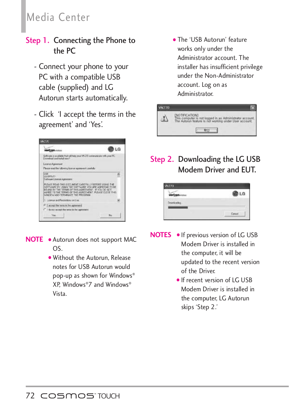 Media center, Step 1. connecting the phone to the pc | LG VN270 User Manual | Page 74 / 159