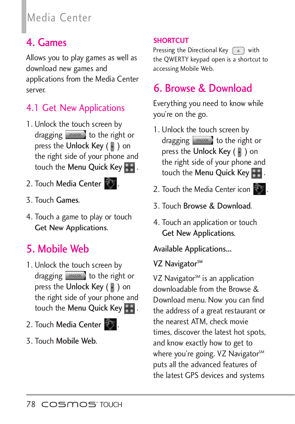 Games, 1 get new applications, Mobile web | Browse & download, Mobile web 6. browse & download, Media center | LG VN270 User Manual | Page 80 / 159