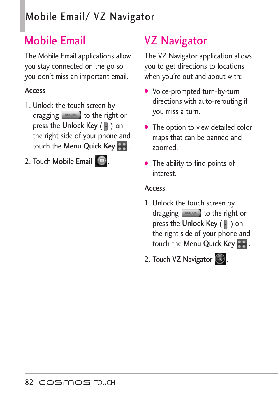 Mobile email, Vz navigator, Mobile email vz navigator | Mobile email/ vz navigator | LG VN270 User Manual | Page 84 / 159