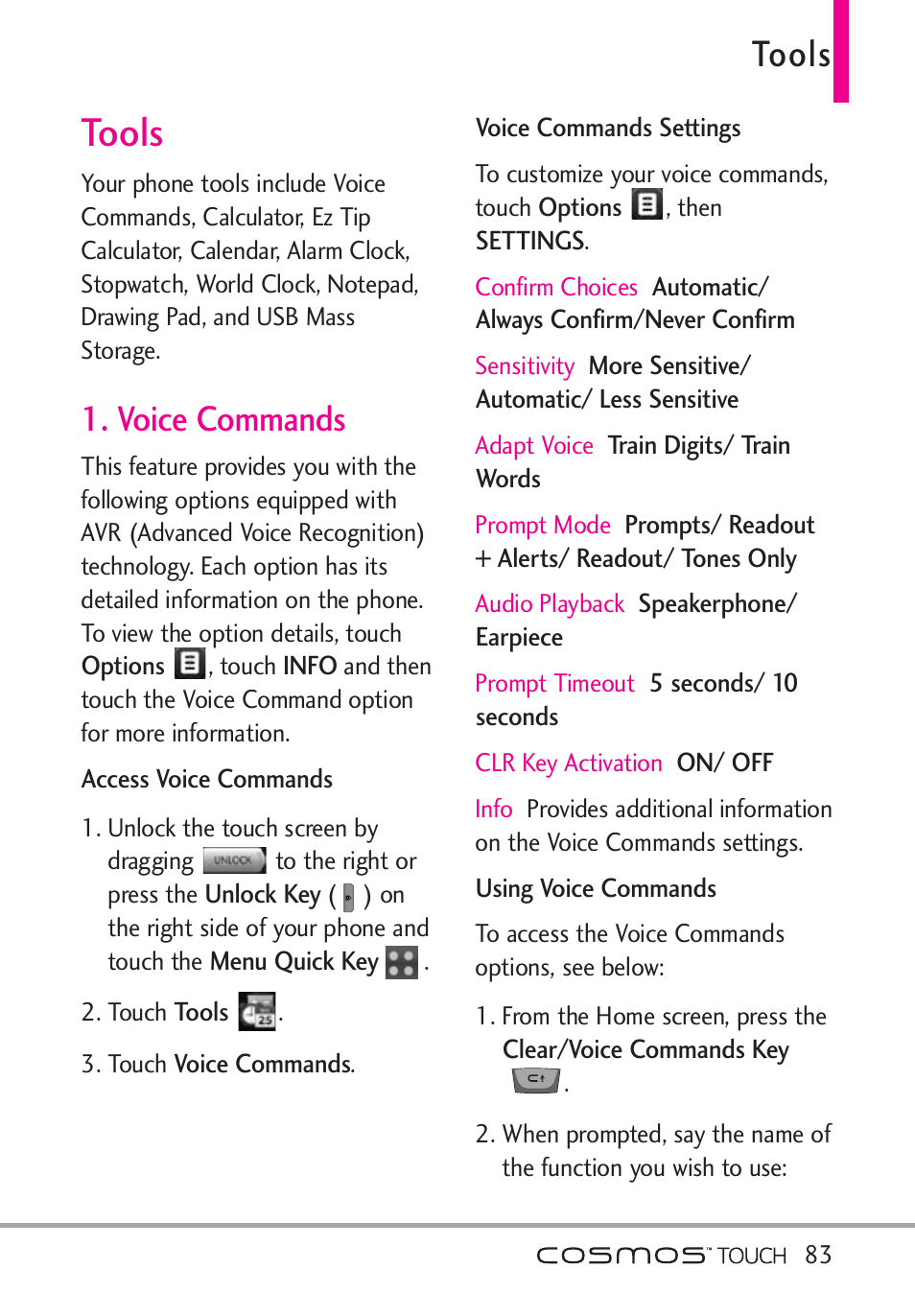 Tools, Voice commands | LG VN270 User Manual | Page 85 / 159