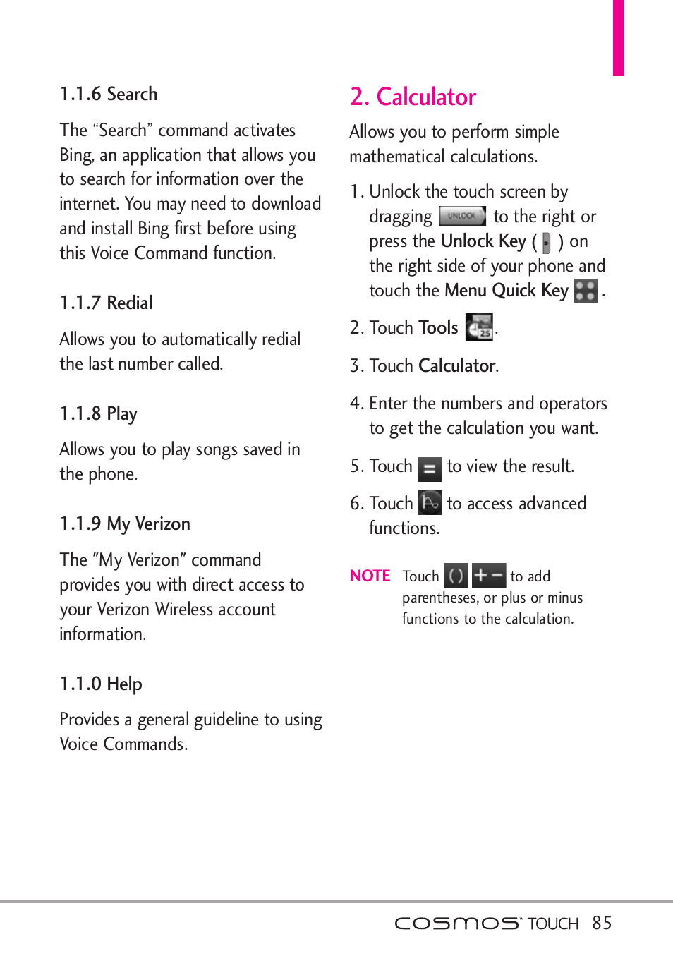 6 search, 7 redial, 8 play | 9 my verizon, 0 help, Calculator | LG VN270 User Manual | Page 87 / 159