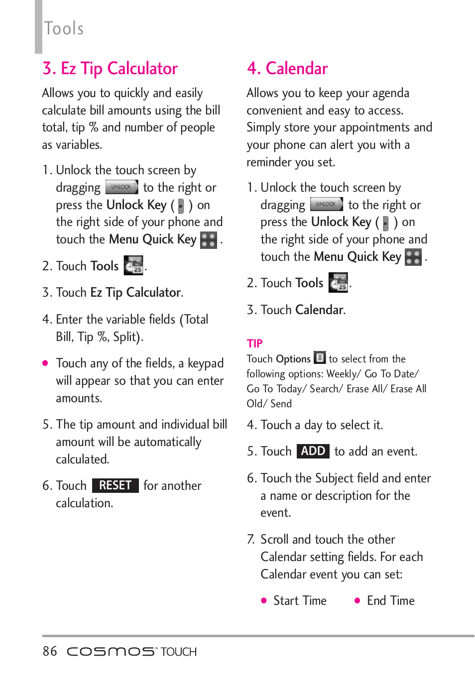 Ez tip calculator, Calendar, Ez tip calculator 4. calendar | Tools | LG VN270 User Manual | Page 88 / 159