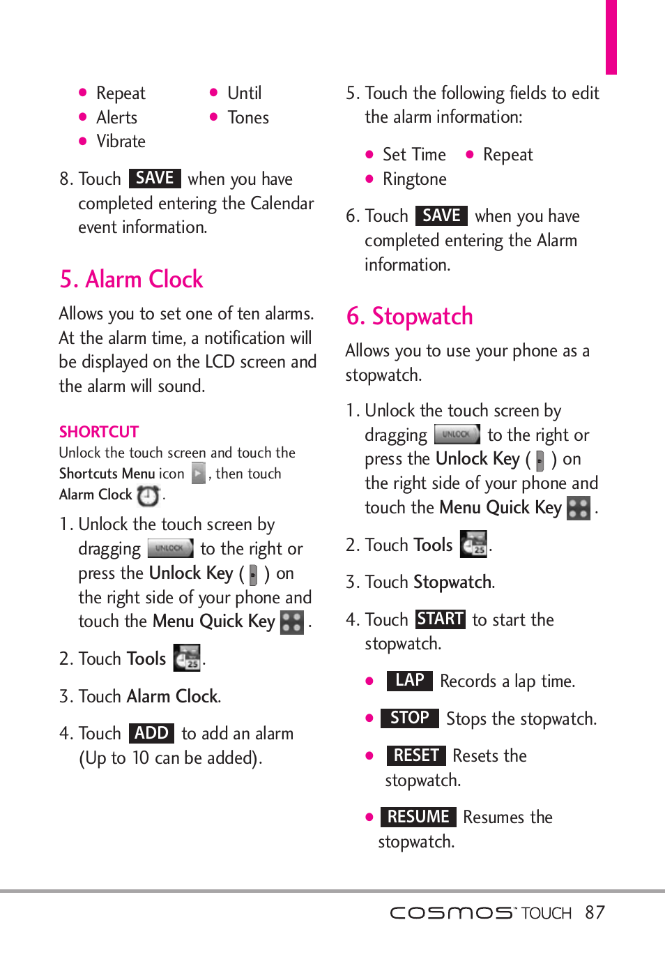 Alarm clock, Stopwatch, Alarm clock 6. stopwatch | LG VN270 User Manual | Page 89 / 159